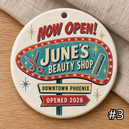 Personalized Business Opening Ceramic Ornament – Now Open Retro 50s Shop Gift - Image 3