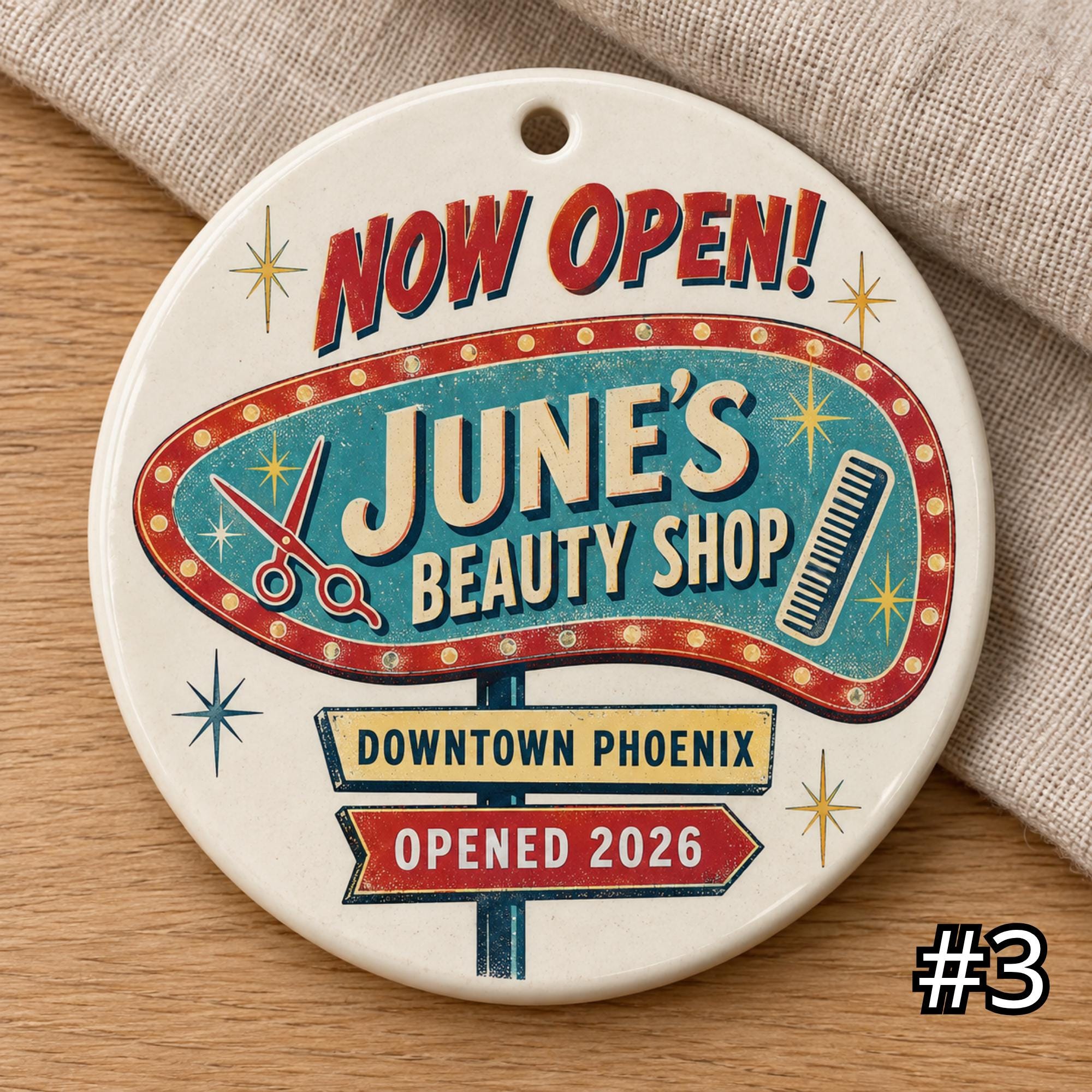 Personalized Business Opening Ceramic Ornament – Now Open Retro 50s Shop Gift - Image 3