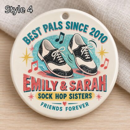 Personalized Best Friends Ceramic Ornament – Retro 50s Sock Hop Partners Gift - Image 4