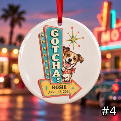 Personalized Gotcha Day Ceramic Ornament – Retro 50s Motel Sign Pet Adoption Gift - Image 5