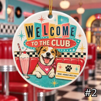 Personalized Gotcha Day Ceramic Ornament – Retro 50s Motel Sign Pet Adoption Gift - Image 3
