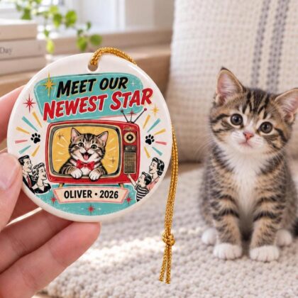 Personalized Gotcha Day Ceramic Ornament – Retro 50s Motel Sign Pet Adoption Gift