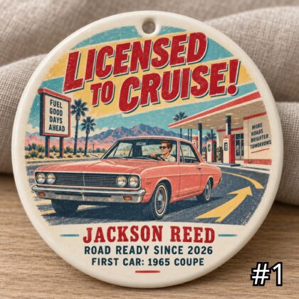 Personalized New Driver Ceramic Ornament – Licensed to Cruise Retro 50s First Car Gift