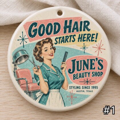 Personalized Hairstylist Ceramic Ornament – Good Hair Starts Here Retro 50s Salon Gift