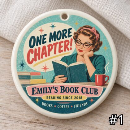 Personalized Book Lover Ceramic Ornament – One More Chapter Retro 50s Reader Gift