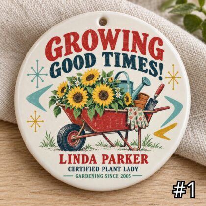 Personalized Gardener Ceramic Ornament – Growing Good Times Retro 50s Plant Lover Gift