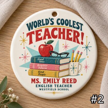 Alternative view of Personalized Teacher Ceramic Ornament – Teaching the Future Retro 50s Appreciation Gift