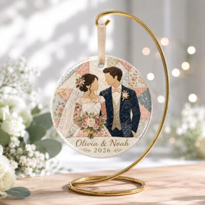 Personalized Bride and Groom Ceramic Ornament – Patchwork Quilt Style Wedding Keepsake