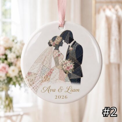 Personalized Bride and Groom Ceramic Ornament – Patchwork Quilt Style Wedding Keepsake - Image 3