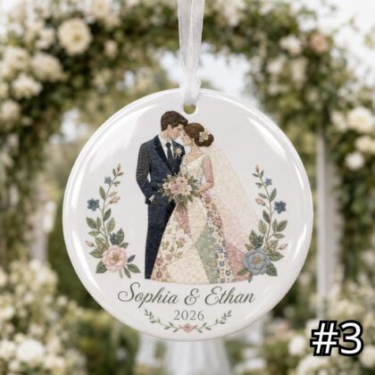 Personalized Bride and Groom Ceramic Ornament – Patchwork Quilt Style Wedding Keepsake - Image 4