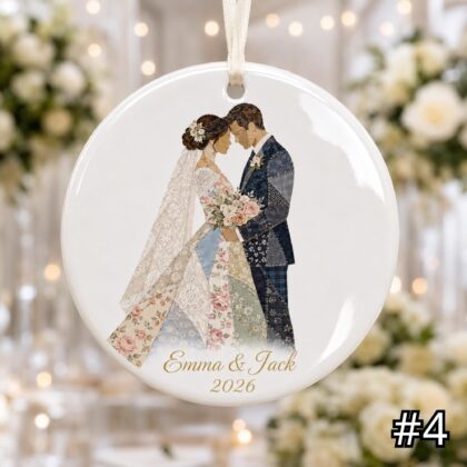 Personalized Bride and Groom Ceramic Ornament – Patchwork Quilt Style Wedding Keepsake - Image 5