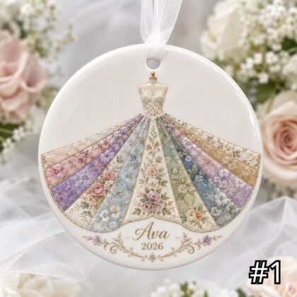 Alternative view of Personalized Bride Dress Ceramic Ornament – Patchwork Quilt Style Wedding Gown Keepsake