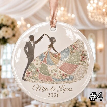Personalized First Dance Ceramic Ornament – Patchwork Quilt Style Bride Groom Wedding Keepsake - Image 5