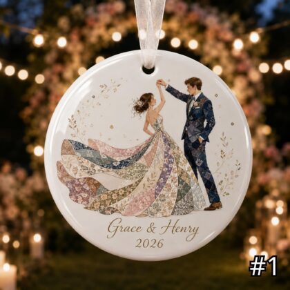 Alternative view of Personalized First Dance Ceramic Ornament – Patchwork Quilt Style Bride Groom Wedding Keepsake