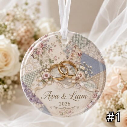 Alternative view of Personalized Wedding Rings Ceramic Ornament – Patchwork Quilt Background