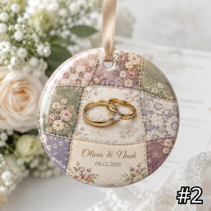 Personalized Wedding Rings Ceramic Ornament – Patchwork Quilt Background - Image 3