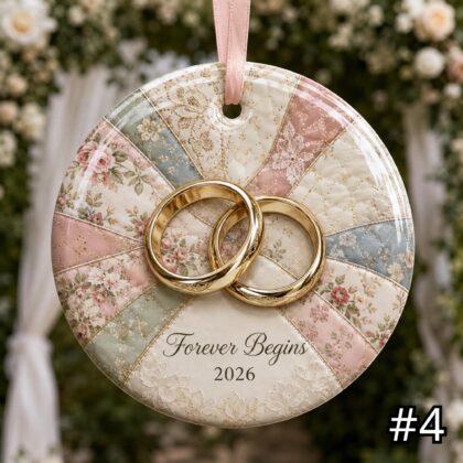 Personalized Wedding Rings Ceramic Ornament – Patchwork Quilt Background - Image 5
