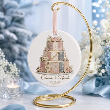 Personalized Wedding Cake Ceramic Ornament – Patchwork Quilt Style Bridal Shower Keepsake