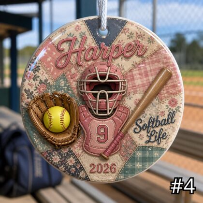 Personalized Softball Baseball Ceramic Ornament – Patchwork Quilt Style Sports Keepsake - Image 4
