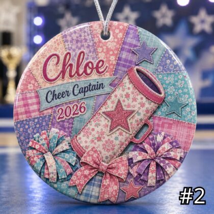 Alternative view of Personalized Cheerleader Ceramic Ornament – Patchwork Quilt Style Sports Keepsake