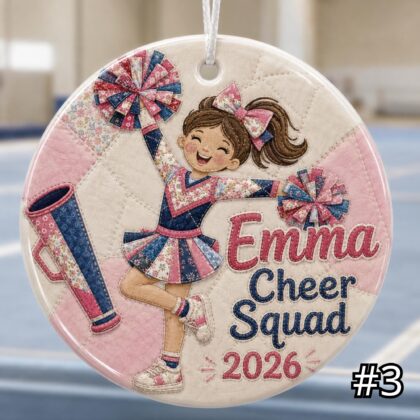 Personalized Cheerleader Ceramic Ornament – Patchwork Quilt Style Sports Keepsake - Image 3