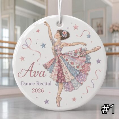 Personalized Ballet Dance Ceramic Ornament – Patchwork Quilt Style Dancer Keepsake