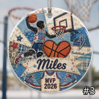 Personalized Basketball Ceramic Ornament – Patchwork Quilt Style Sports Keepsake - Image 3