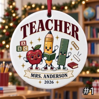Personalized Teacher Ceramic Ornament – Custom Teacher Name Grade Role and Year