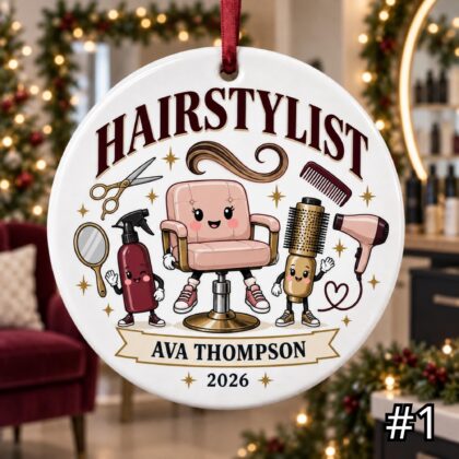 Personalized Hairstylist Ceramic Ornament – Custom Stylist Name Job Title Year and Salon