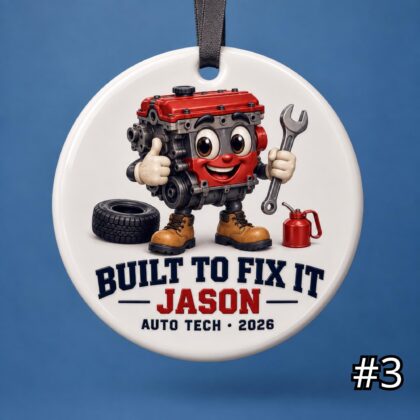 Personalized Auto Mechanic Ceramic Ornament – Custom Name Job Title Year Phrase and Garage Tool Design - Image 3