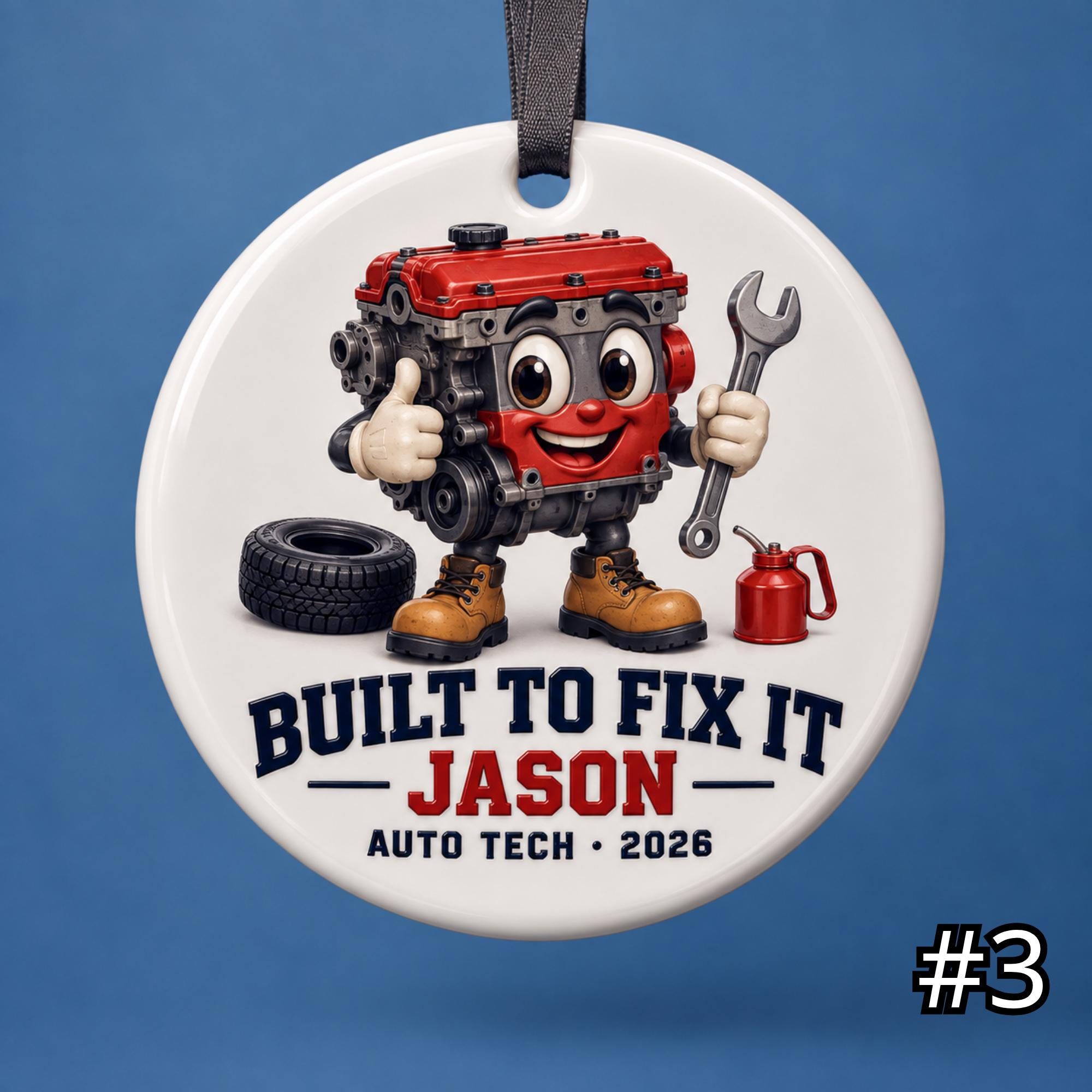 Personalized Auto Mechanic Ceramic Ornament – Custom Name Job Title Year Phrase and Garage Tool Design - Image 3