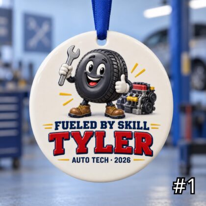 Personalized Auto Mechanic Ceramic Ornament – Custom Name Job Title Year Phrase and Garage Tool Design