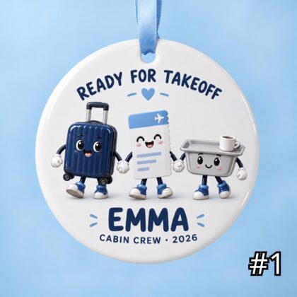 Personalized Flight Attendant Ceramic Ornament – Custom Cabin Crew Name Year and Phrase