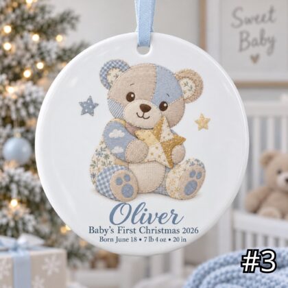 Personalized Baby First Christmas Ornament – Patchwork Teddy Bear Birth Stats Keepsake - Image 3