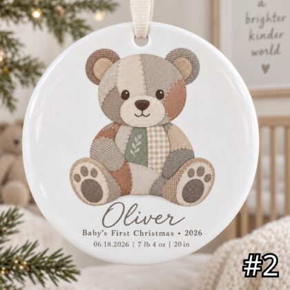 Alternative view of Personalized Baby First Christmas Ornament – Patchwork Teddy Bear Birth Stats Keepsake