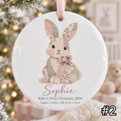 Alternative view of Personalized Baby First Christmas Ornament – Patchwork Bunny Birth Stats Keepsake