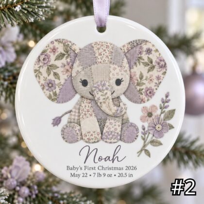 Alternative view of Personalized Baby First Christmas Ornament – Patchwork Elephant Birth Stats Keepsake