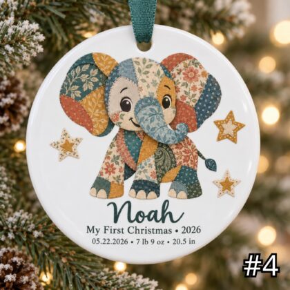 Personalized Baby First Christmas Ornament – Patchwork Elephant Birth Stats Keepsake - Image 4