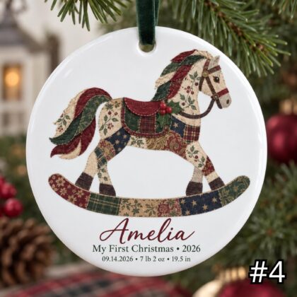 Personalized Baby First Christmas Ornament – Patchwork Rocking Horse Birth Stats Keepsake - Image 4