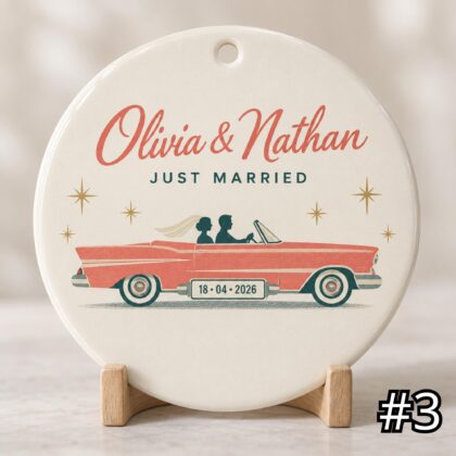 Personalized Retro Wedding Ornament – Just Married Vintage Car Ceramic Keepsake - Image 3