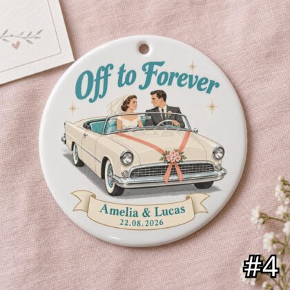 Personalized Retro Wedding Ornament – Just Married Vintage Car Ceramic Keepsake - Image 4
