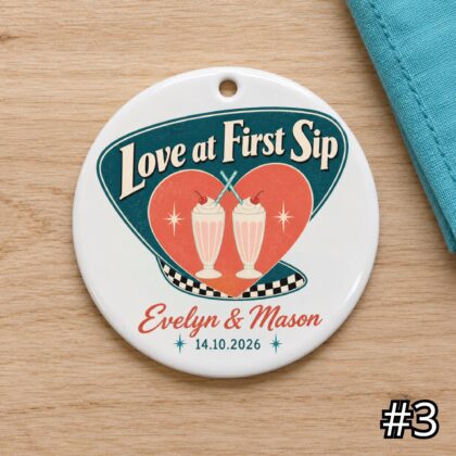 Personalized Retro Wedding Ornament – Sweet Together Milkshake Ceramic Keepsake - Image 3
