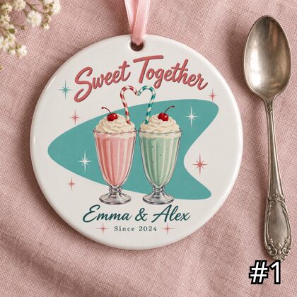 Personalized Retro Wedding Ornament – Sweet Together Milkshake Ceramic Keepsake