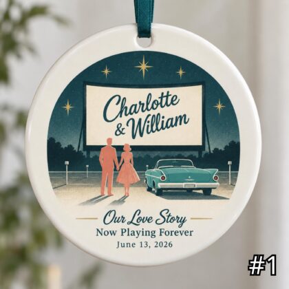 Personalized Drive In Wedding Ornament – Retro Couple Ceramic Keepsake