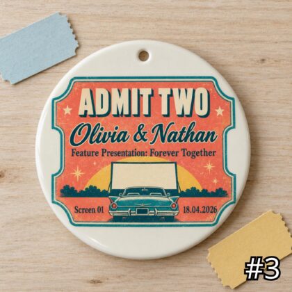 Personalized Drive In Wedding Ornament – Retro Couple Ceramic Keepsake - Image 3