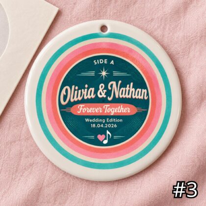 Personalized Wedding Record Ornament – Our Song Retro Ceramic Keepsake - Image 3