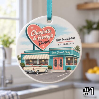 Personalized Retro Wedding Diner Ornament – Custom Couple Names and Date Ceramic Keepsake