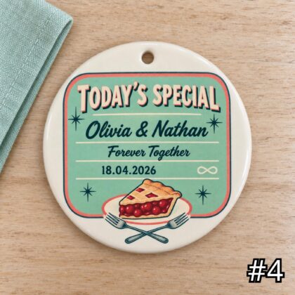 Personalized Retro Wedding Diner Ornament – Custom Couple Names and Date Ceramic Keepsake - Image 4