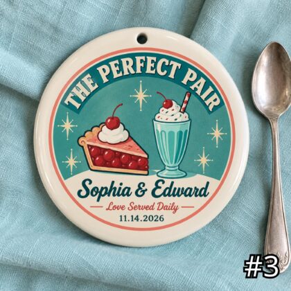 Personalized Retro Wedding Diner Ornament – Custom Couple Names and Date Ceramic Keepsake - Image 3