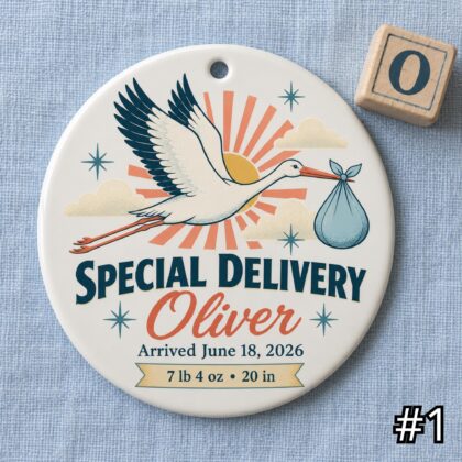 Personalized Baby Birth Ornament – Retro Special Delivery Ceramic Keepsake